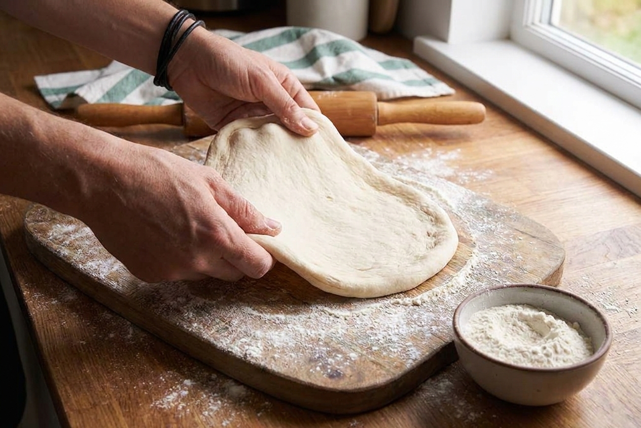 Hands gently stretching a round of pizza dough on a floured wooden board with a small bowl of flour nearby