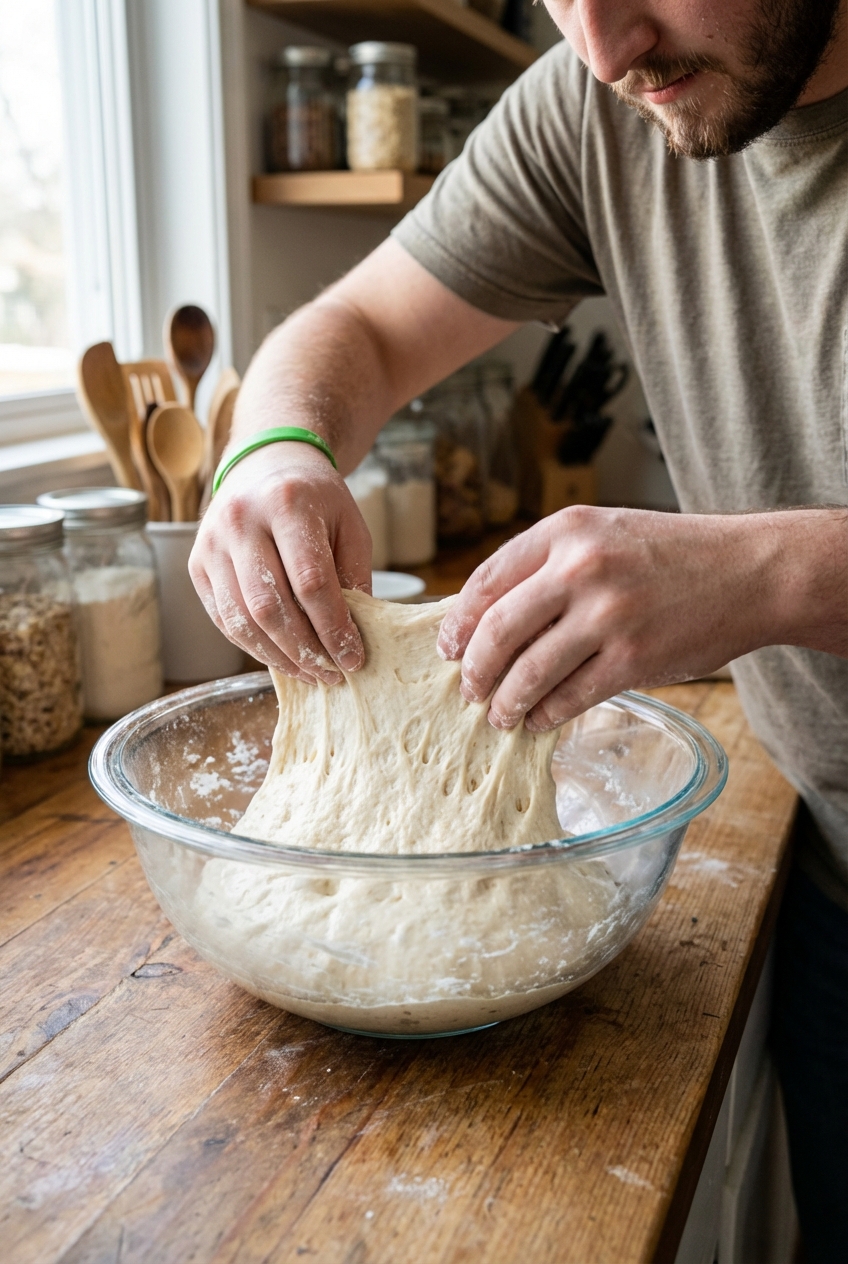 Hands gently stretching a soft sourdough dough in a clear bowl on a wooden counter