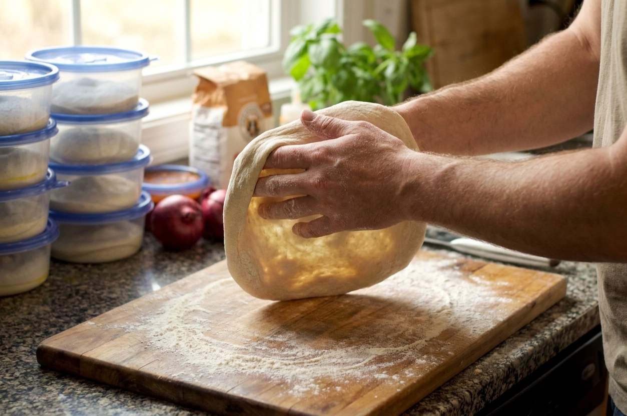 Hands gently stretching pizza dough over floured knuckles on a wooden board in a home kitchen