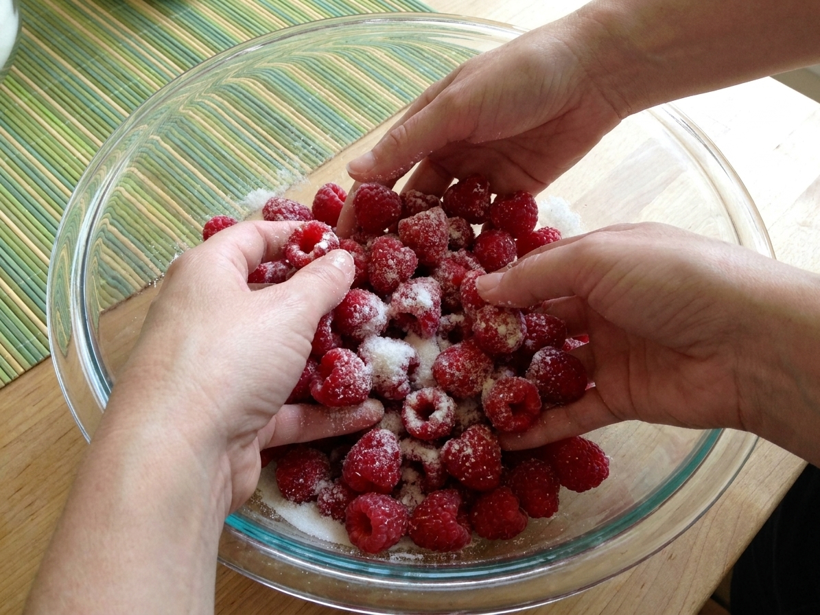 Hands gently tossing raspberries with sugar and cornstarch in a large glass mixing bowl on a kitchen counter