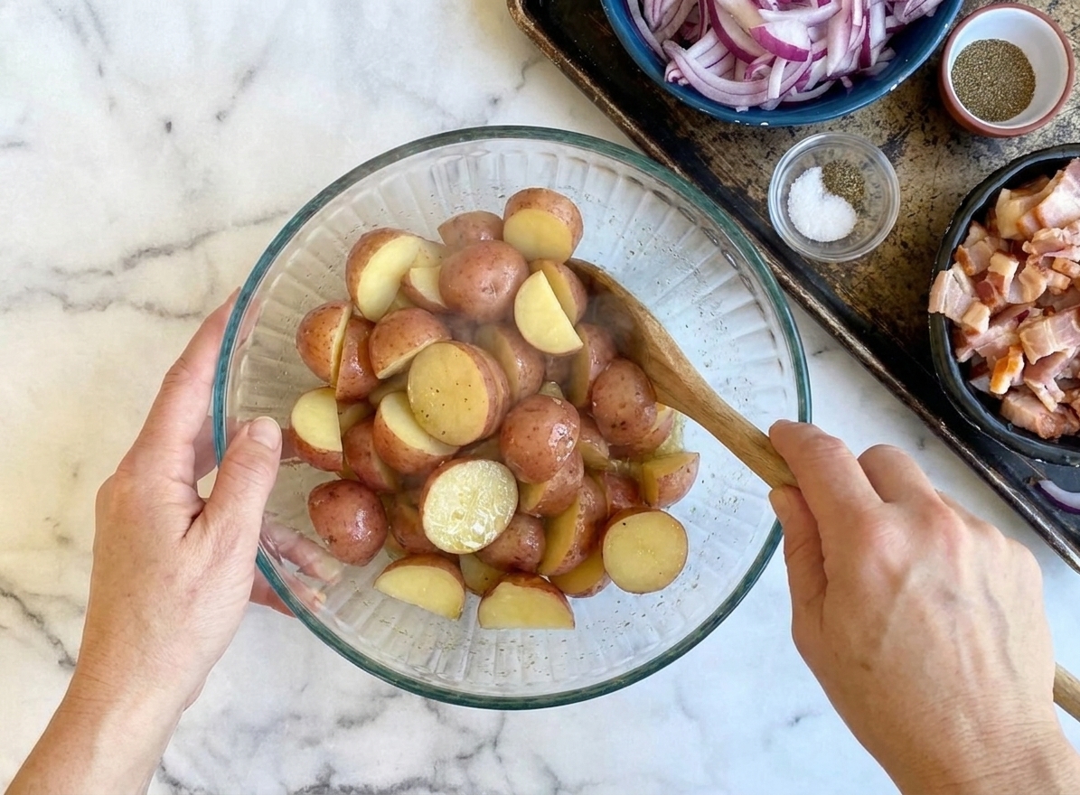 Hands gently tossing warm potato slices with vinaigrette in a large mixing bowl on a kitchen counter