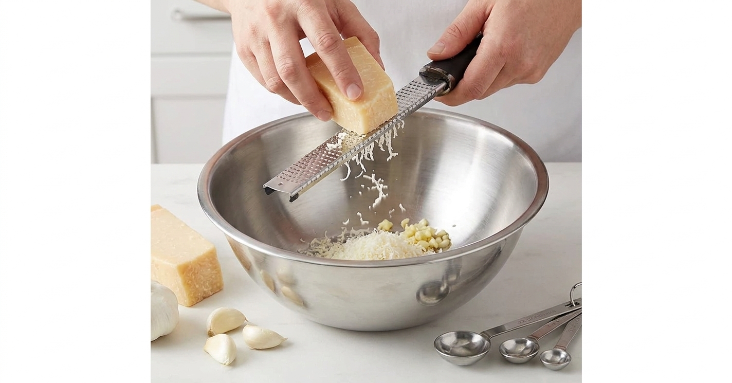 Hands grating Parmesan and garlic into a mixing bowl on a clean kitchen counter with measuring spoons nearby