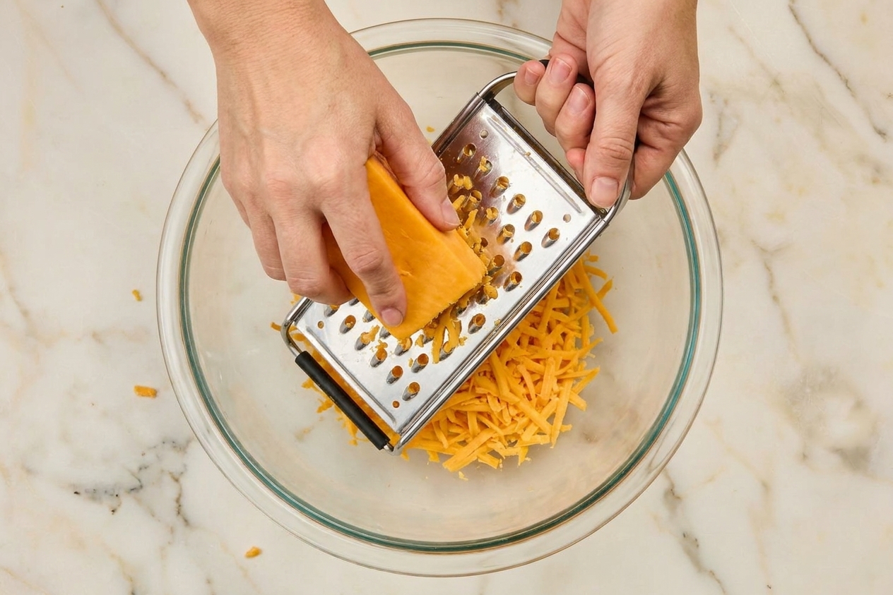 Hands grating a block of sharp cheddar on a box grater over a mixing bowl on a bright kitchen counter