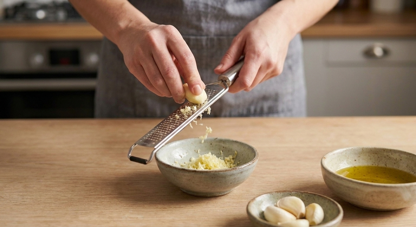 Hands grating a garlic clove on a microplane over a small bowl on a clean kitchen counter