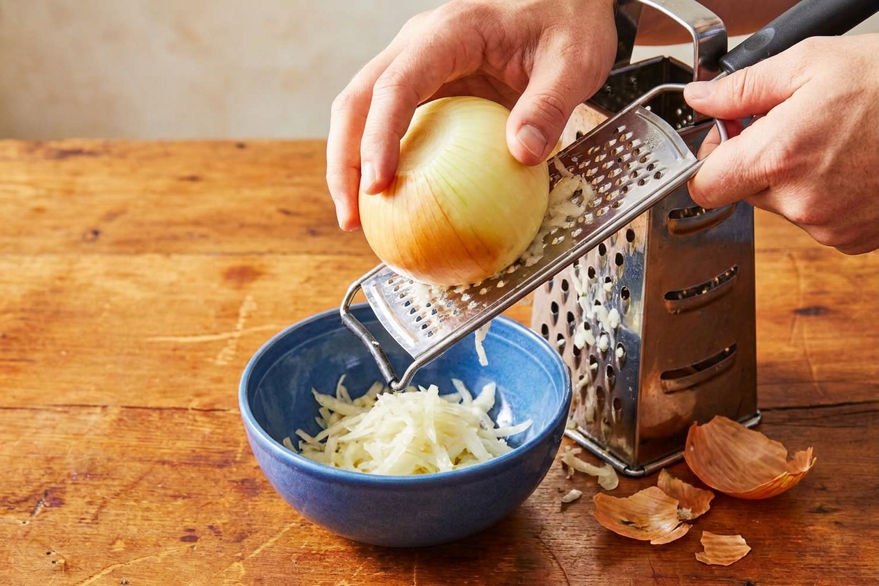 Hands grating a peeled yellow onion on a box grater over a small bowl on a clean kitchen counter