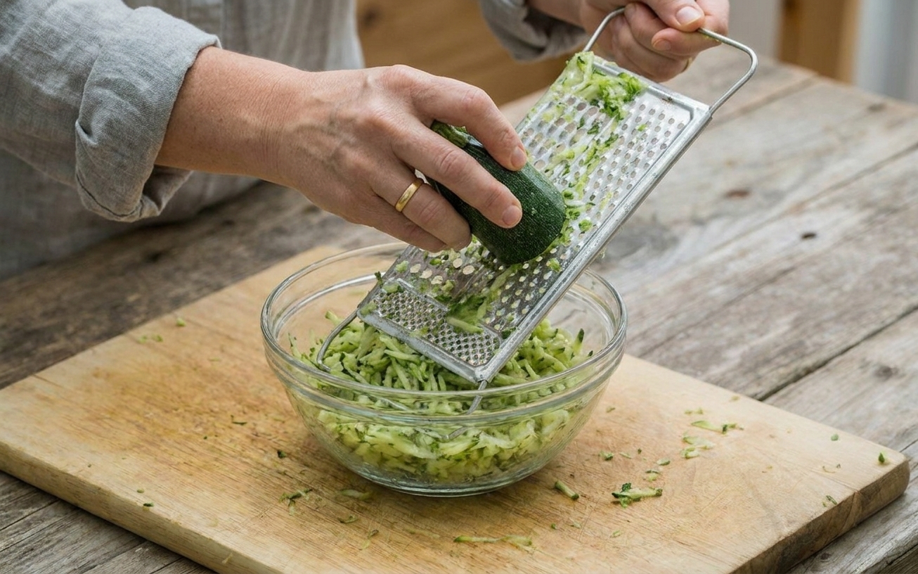 Hands grating a whole zucchini on a box grater over a mixing bowl on a bright kitchen counter