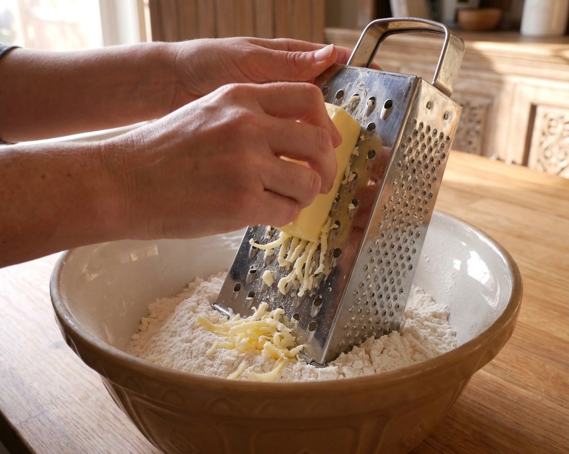 Hands grating cold butter on a box grater over a mixing bowl with gluten free flour mixture on a kitchen counter
