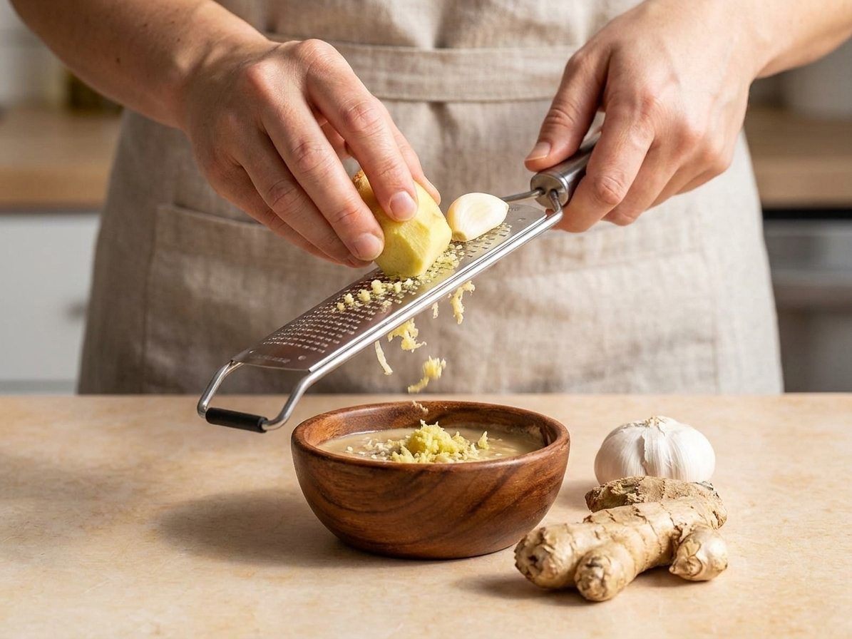 Hands grating fresh ginger and garlic with a microplane over a small bowl on a clean kitchen counter