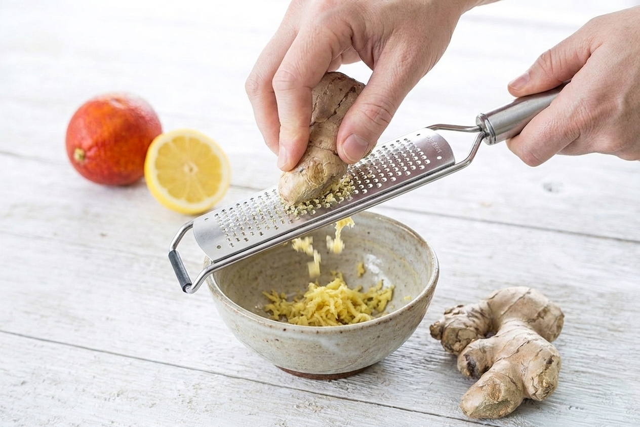 Hands grating fresh ginger on a microplane over a small bowl on a tidy kitchen counter