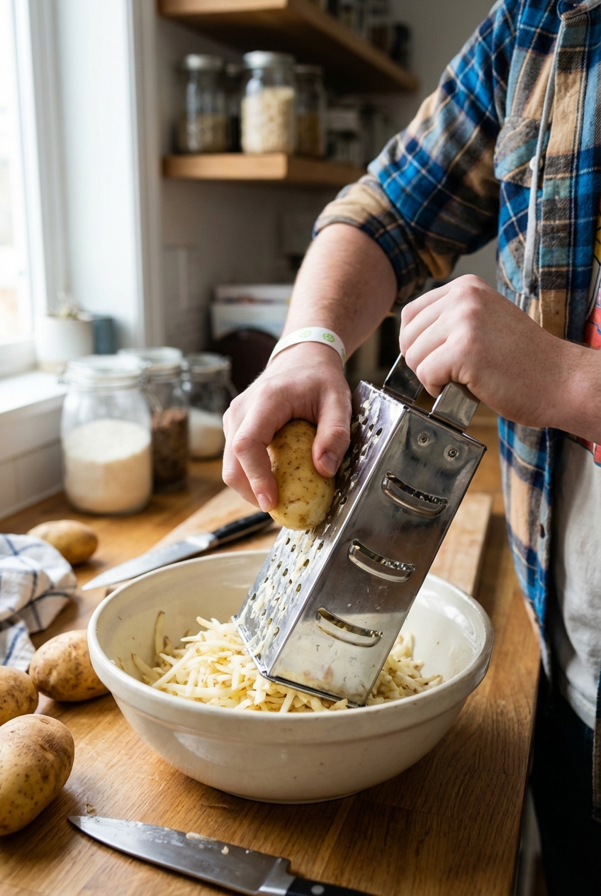 Hands grating potatoes on a box grater over a large bowl on a kitchen counter
