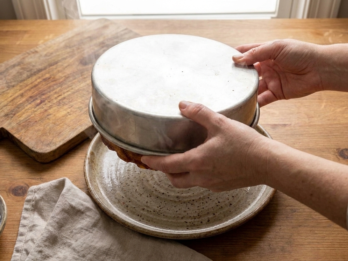 Hands holding a cake pan and a serving plate together while inverting an apple upside-down cake over a kitchen counter