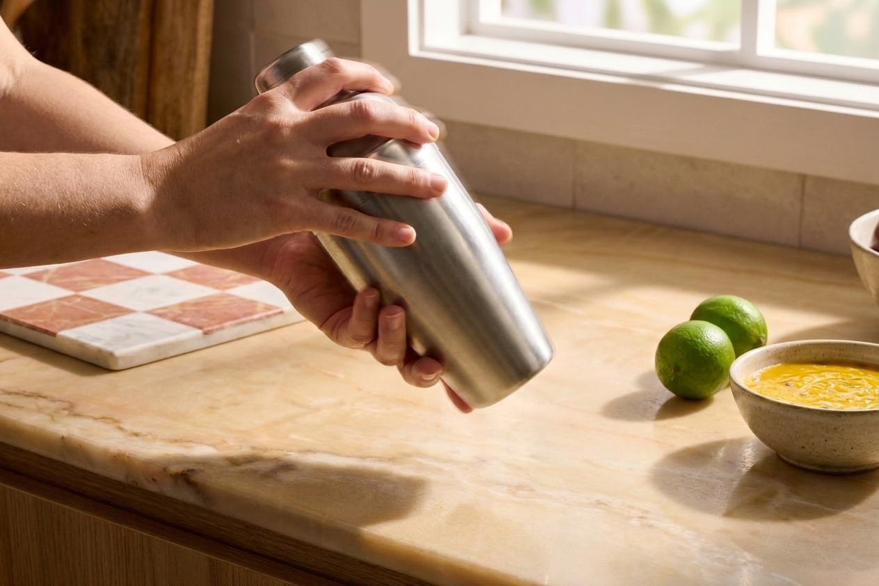 Hands holding a closed cocktail shaker mid-dry-shake on a home kitchen counter