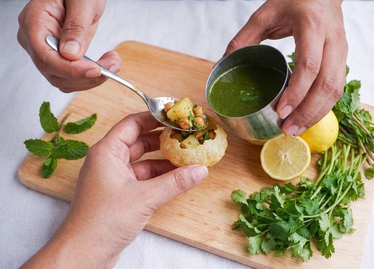 Hands holding a crisp puri while spooning in potato chickpea filling and pouring in green pani over a kitchen counter