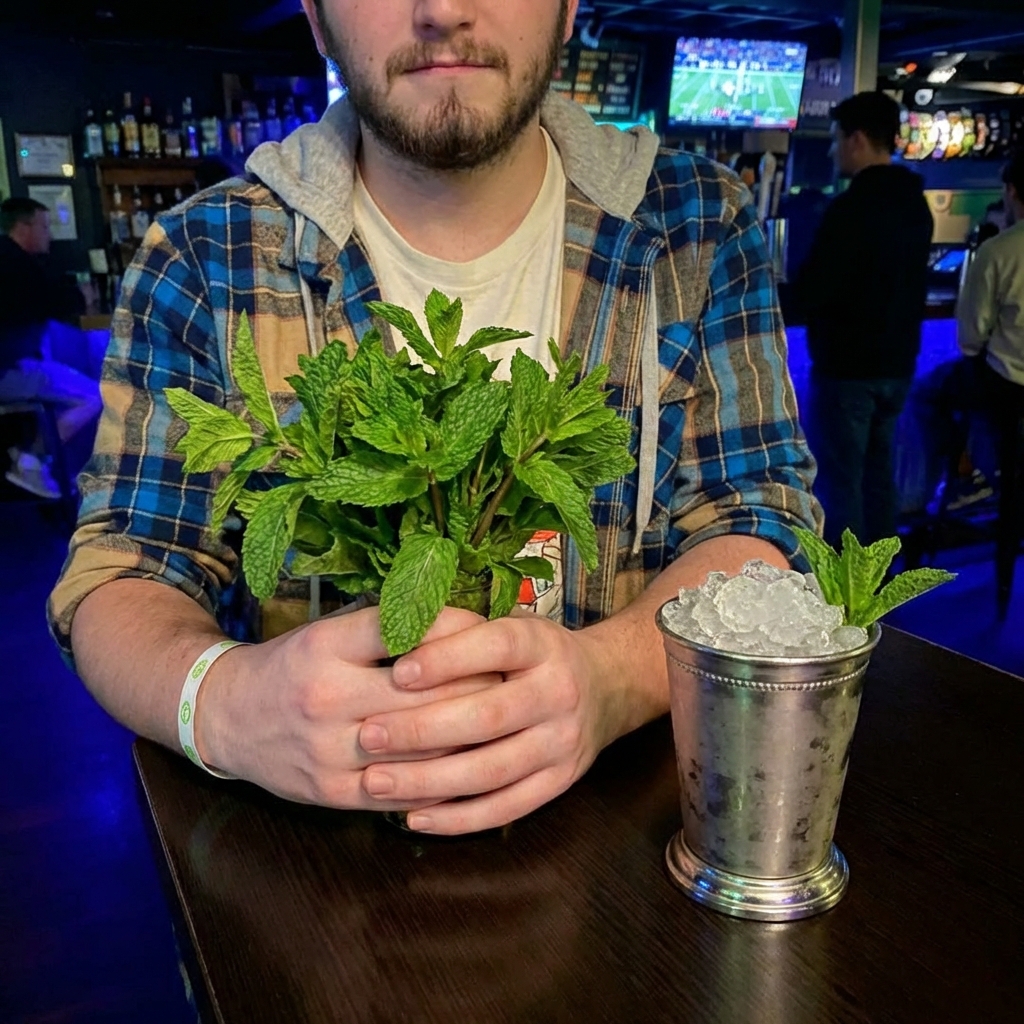 Hands holding a large bouquet of fresh mint above a bar counter with a julep cup nearby