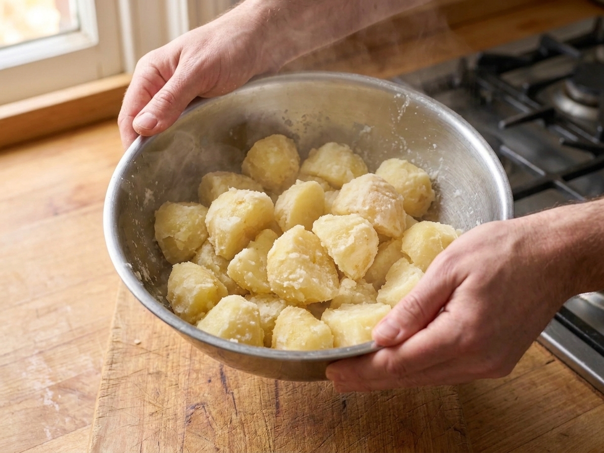 Hands holding a large bowl of parboiled potatoes being shaken so the potato edges turn rough and starchy
