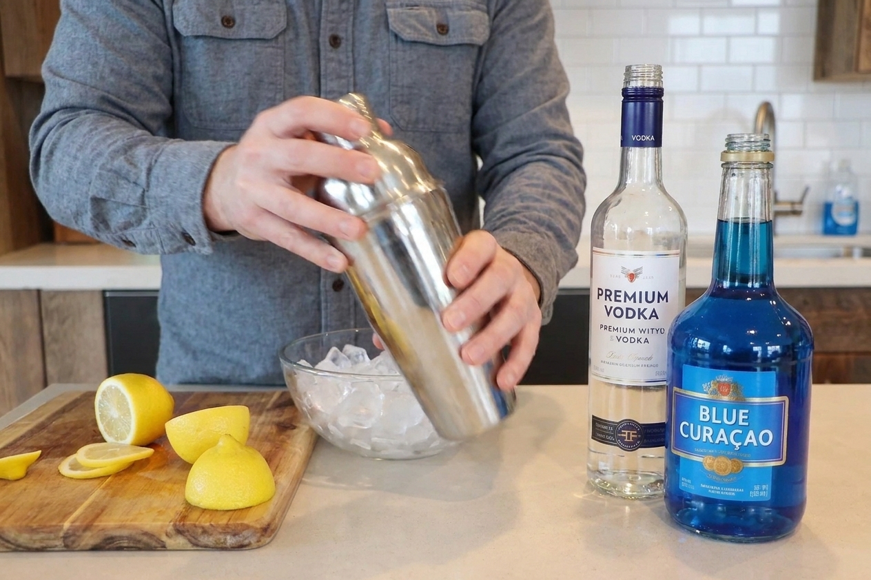 Hands holding a metal cocktail shaker being shaken over a kitchen counter with bottles of vodka and blue curaçao nearby