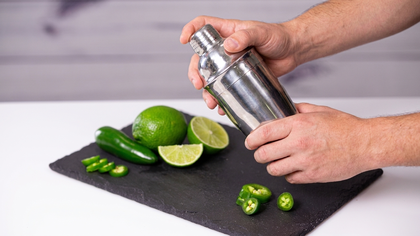 Hands holding a metal cocktail shaker on a kitchen counter with limes and a sliced jalapeño nearby