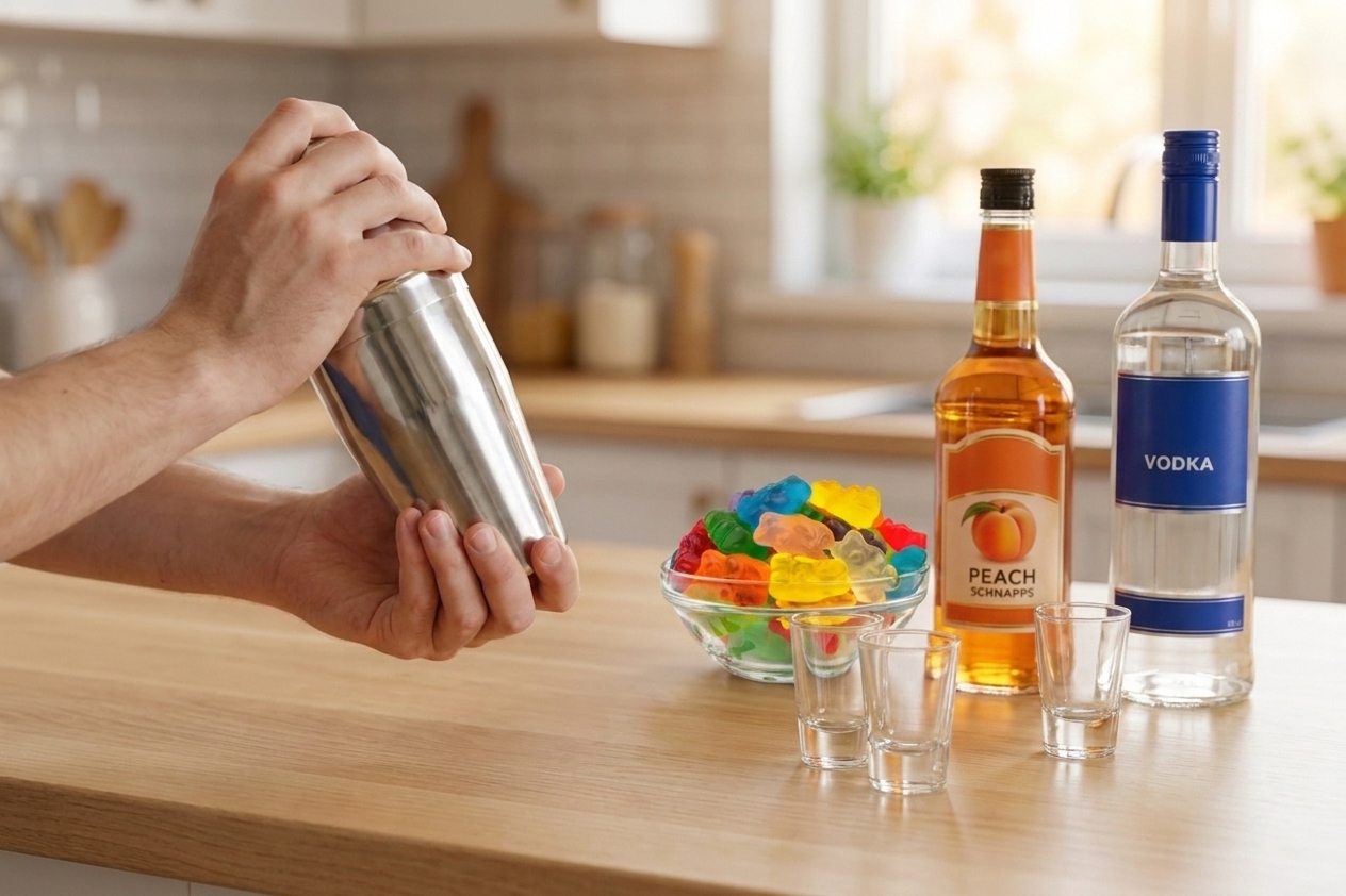 Hands holding a metal cocktail shaker over a clean kitchen counter with shot glasses lined up nearby