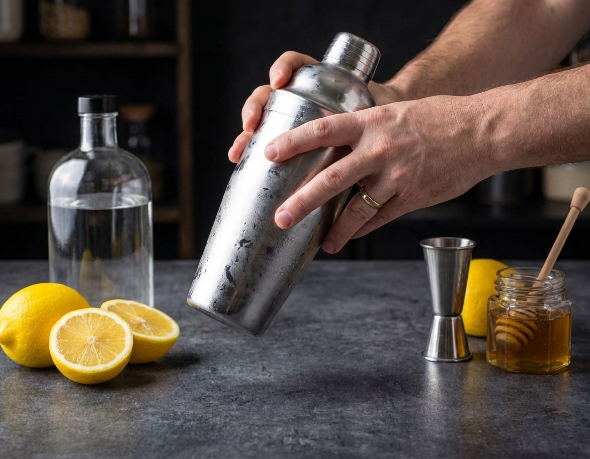 Hands holding a metal cocktail shaker over a kitchen counter with lemons and a jigger nearby