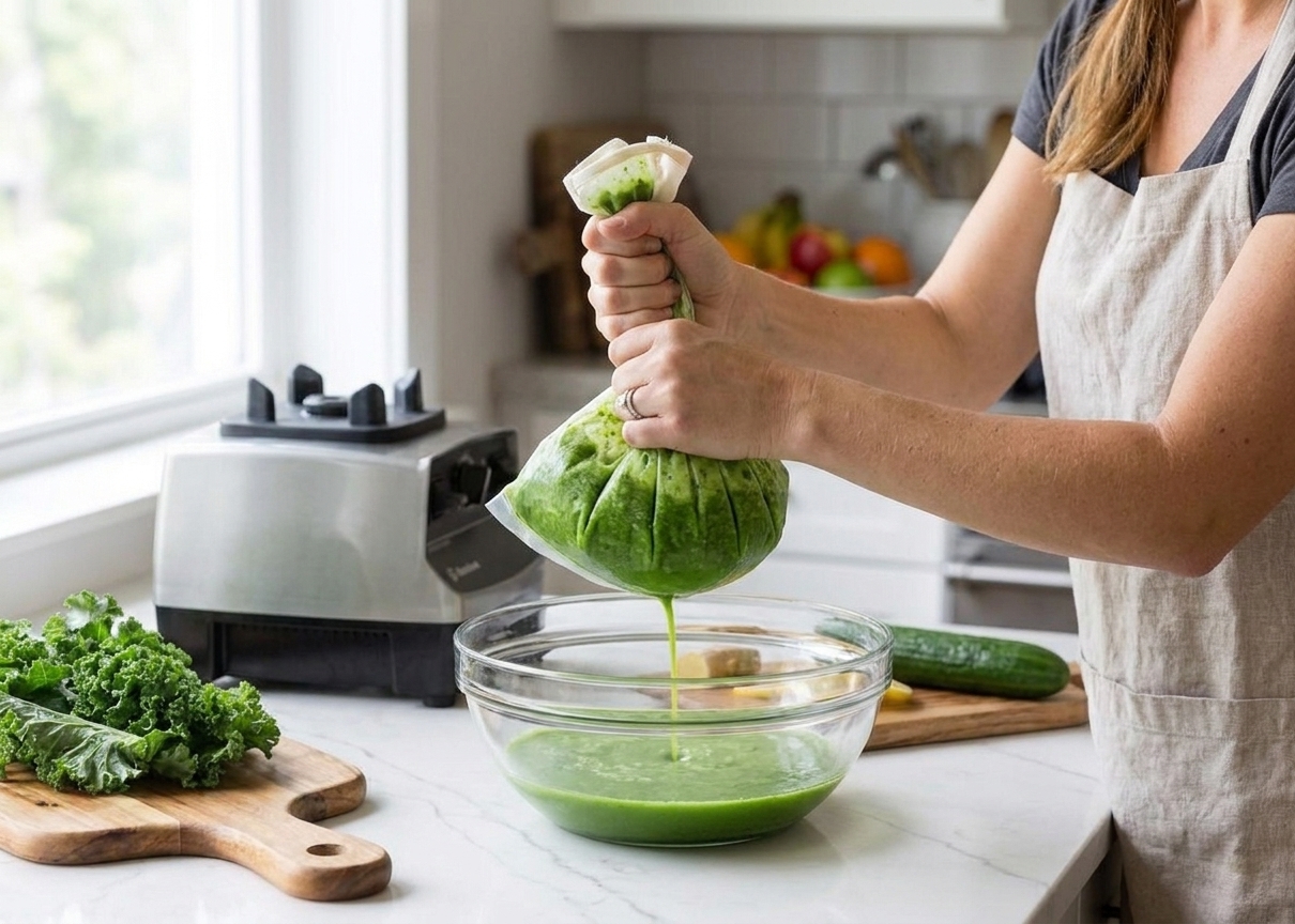 Hands holding a nut milk bag over a large bowl while straining blended green juice on a kitchen counter, natural home kitchen lighting
