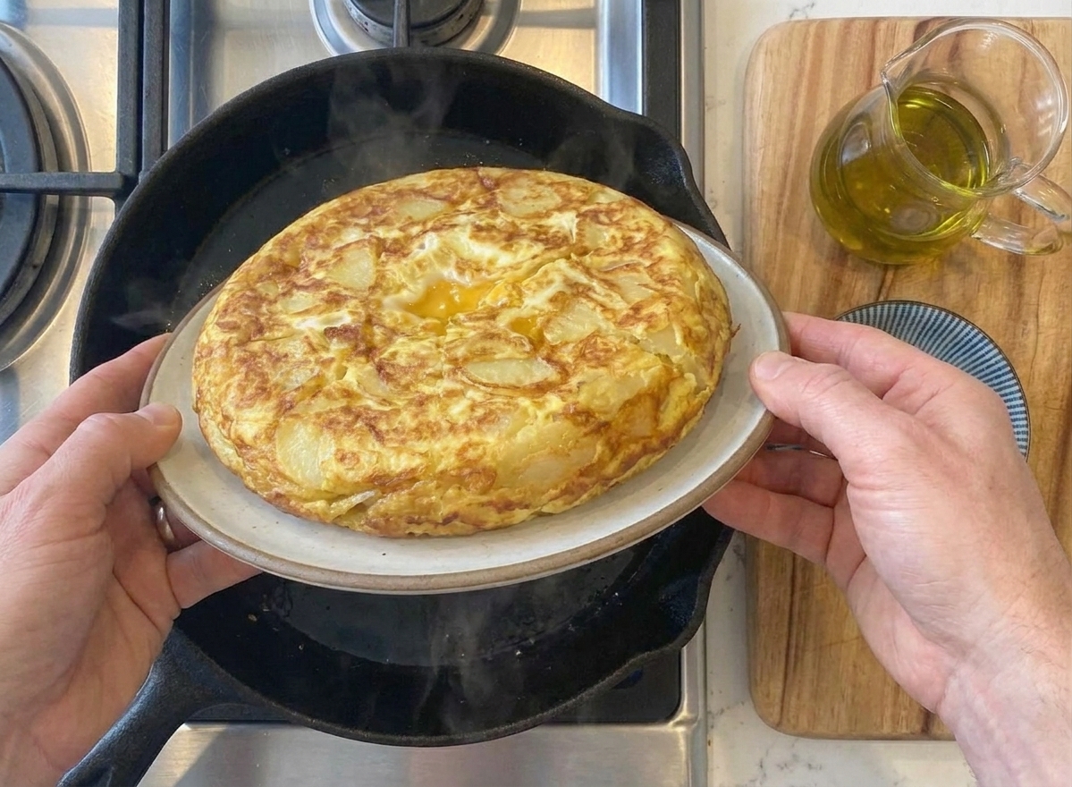 Hands holding a plate over a skillet while flipping a thick Spanish tortilla over on a stovetop