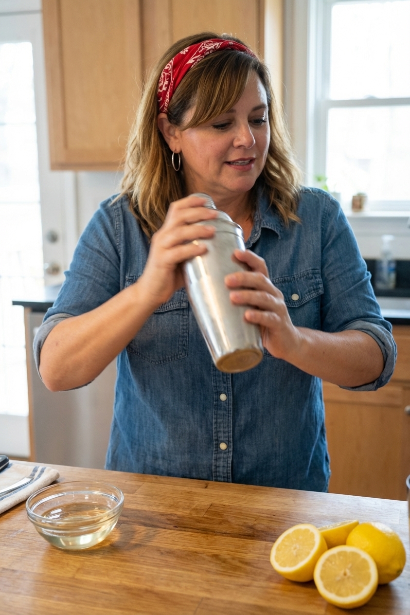Hands holding a stainless steel cocktail shaker being shaken without ice for a dry shake, with fresh lemon halves and a small bowl of simple syrup on a kitchen counter