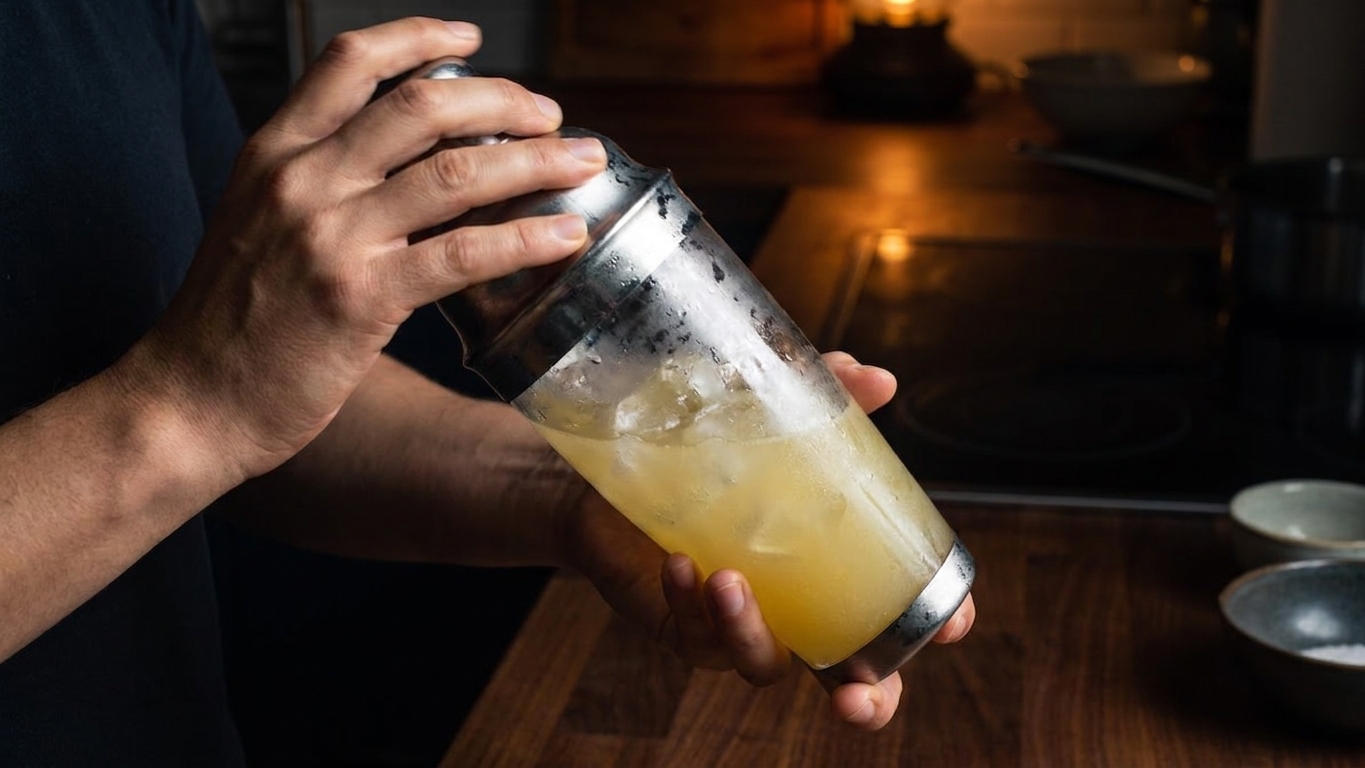 Hands holding a stainless steel cocktail shaker over a kitchen counter while shaking a lemon drop drink with ice