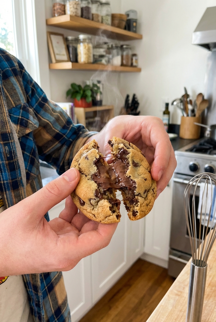 Hands holding a warm chocolate chip cookie broken in half showing a soft, gooey center