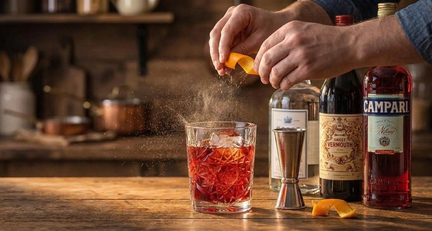 Hands holding an orange peel over a Negroni in a rocks glass, twisting to express citrus oils above the surface of the drink on a home kitchen counter