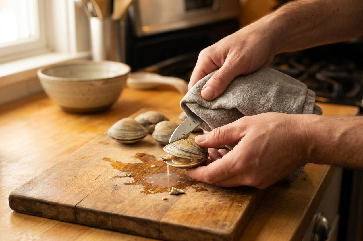 Hands holding an oyster knife and a towel while shucking a littleneck clam on a cutting board in a home kitchen