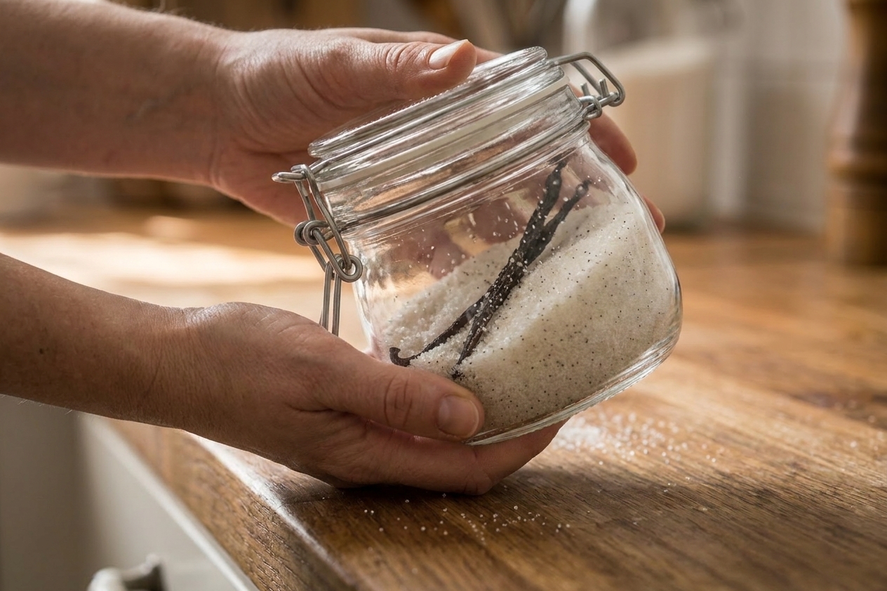 Hands holding and shaking a sealed glass jar filled with sugar and a split vanilla bean on a kitchen counter