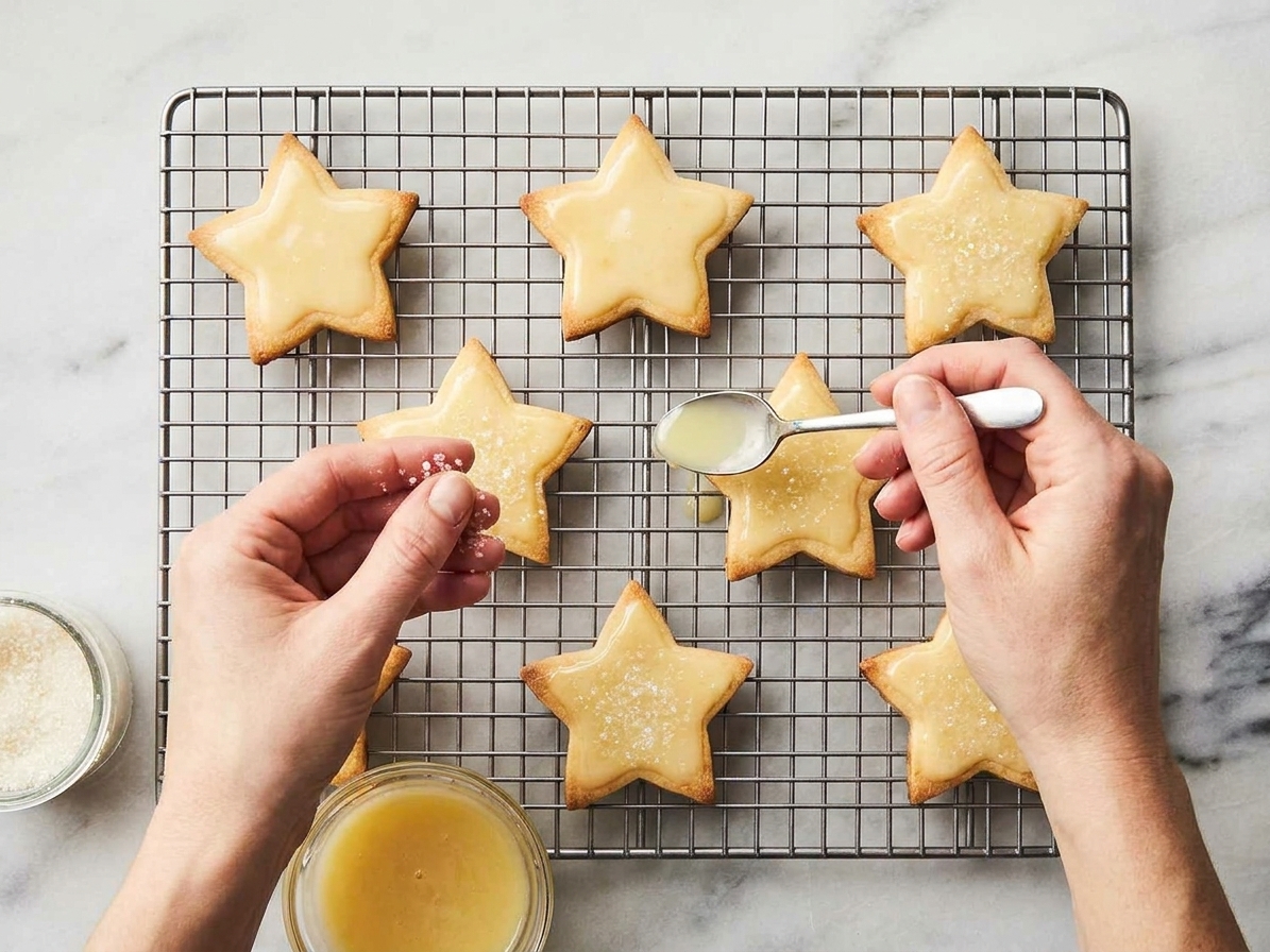 Hands icing star-shaped cookies with lemon glaze and sprinkling sparkling sugar over them on a wire rack