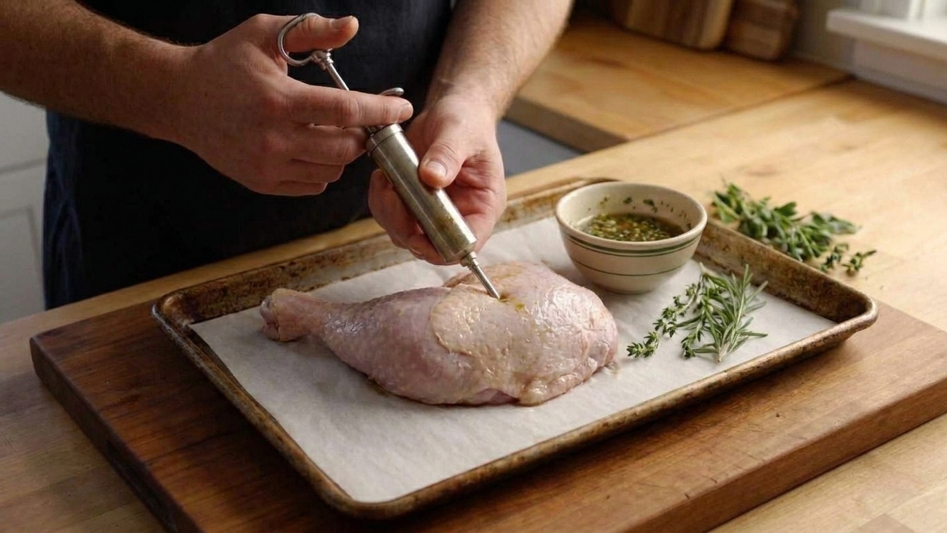 Hands injecting a raw turkey thigh with a metal injector on a roasting pan in a home kitchen