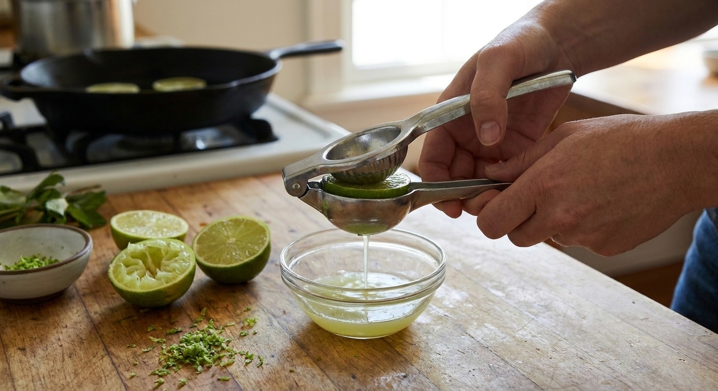 Hands juicing fresh limes with a handheld citrus squeezer on a bright kitchen counter, lime halves and a small bowl nearby