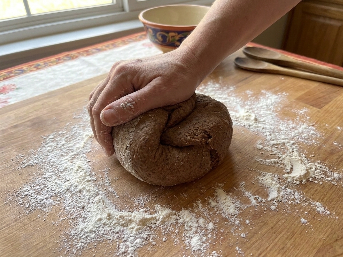 Hands kneading a dark rye dough ball on a lightly floured kitchen counter