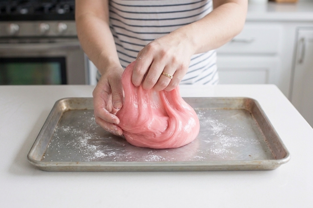 Hands kneading a glossy ball of slime over a rimmed baking sheet on a kitchen counter