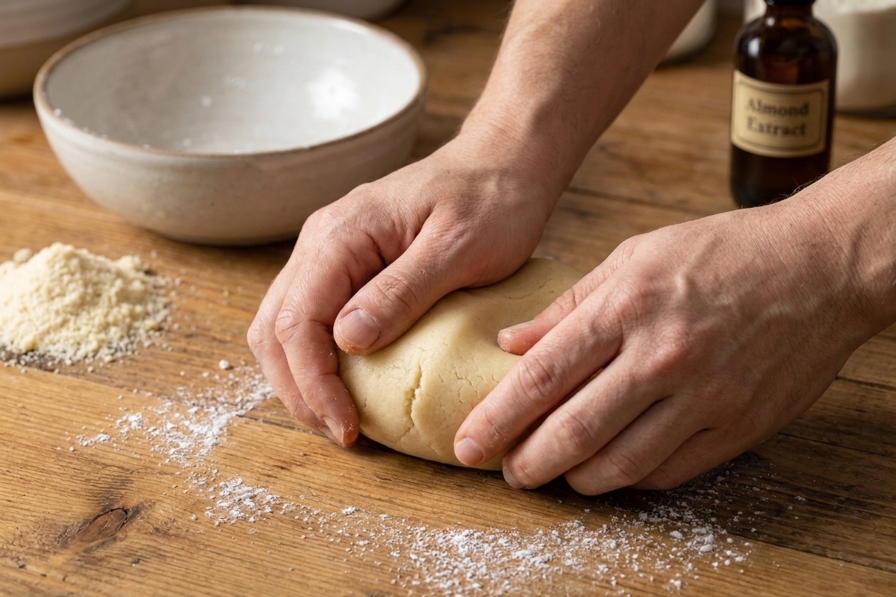 Hands kneading a pale marzipan dough on a lightly powdered kitchen counter