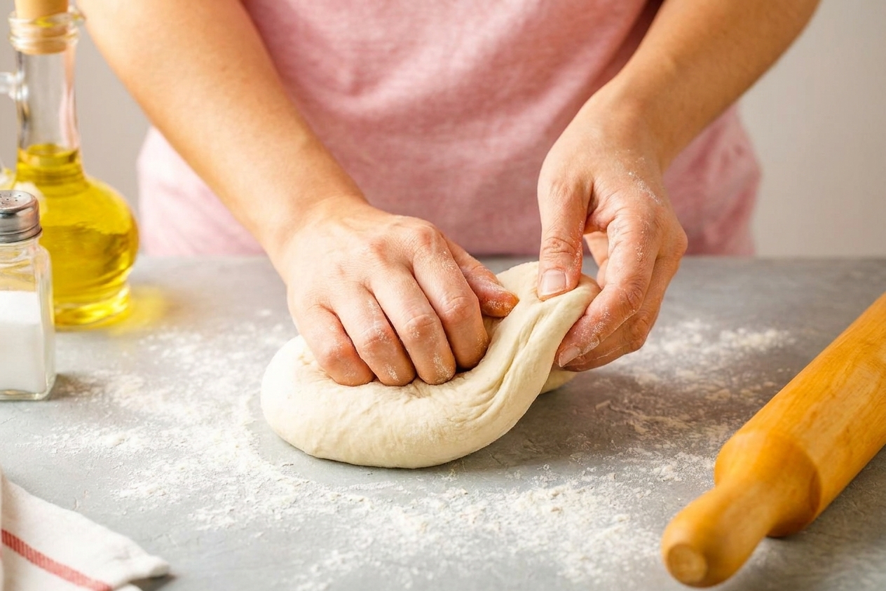 Hands kneading a small ball of pizza dough on a lightly floured kitchen counter