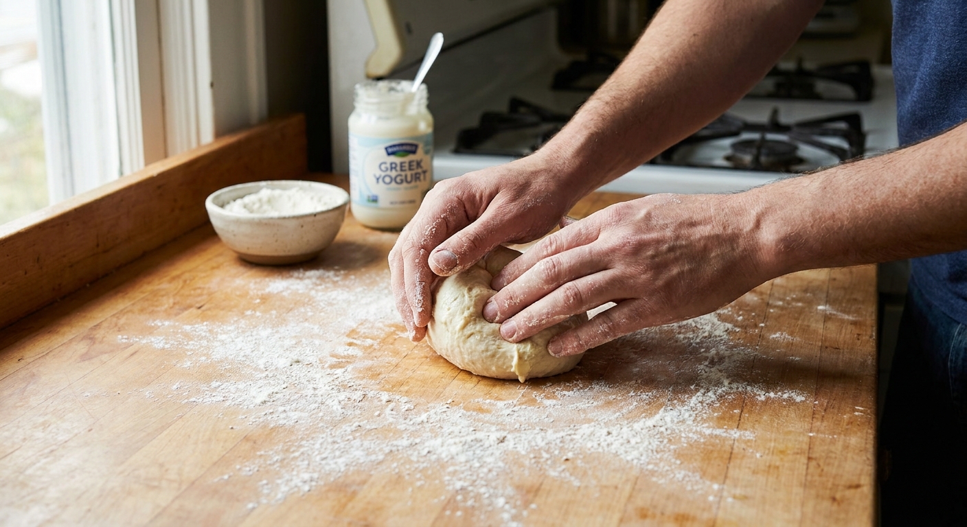 Hands kneading a small mound of Greek yogurt bagel dough on a lightly floured kitchen counter