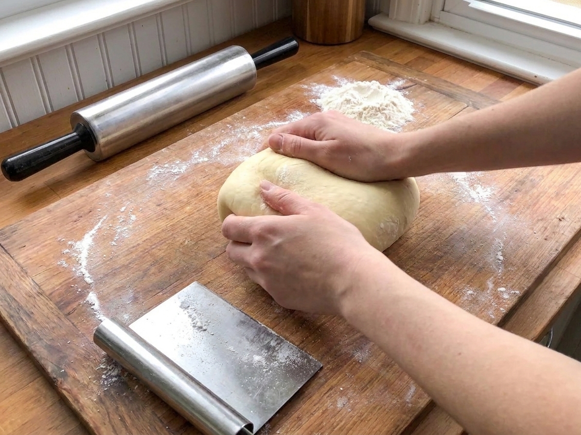 Hands kneading a smooth ball of pierogi dough on a lightly floured countertop, with a bench scraper nearby