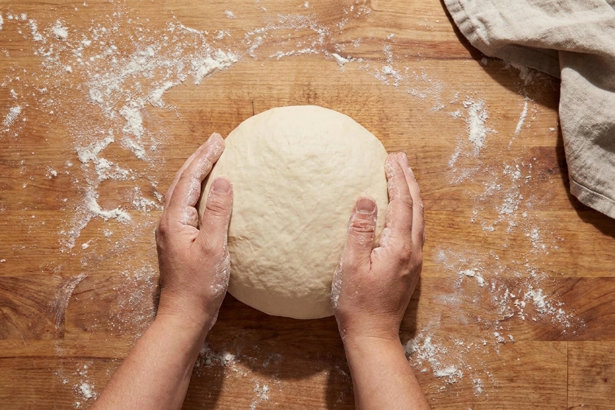 Hands kneading a smooth bread dough on a lightly floured wooden countertop