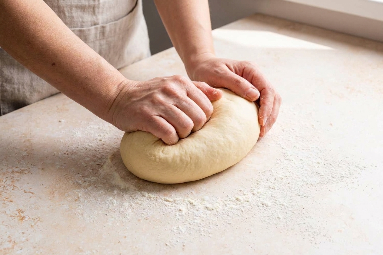 Hands kneading a smooth, firm dough ball on a lightly floured kitchen counter