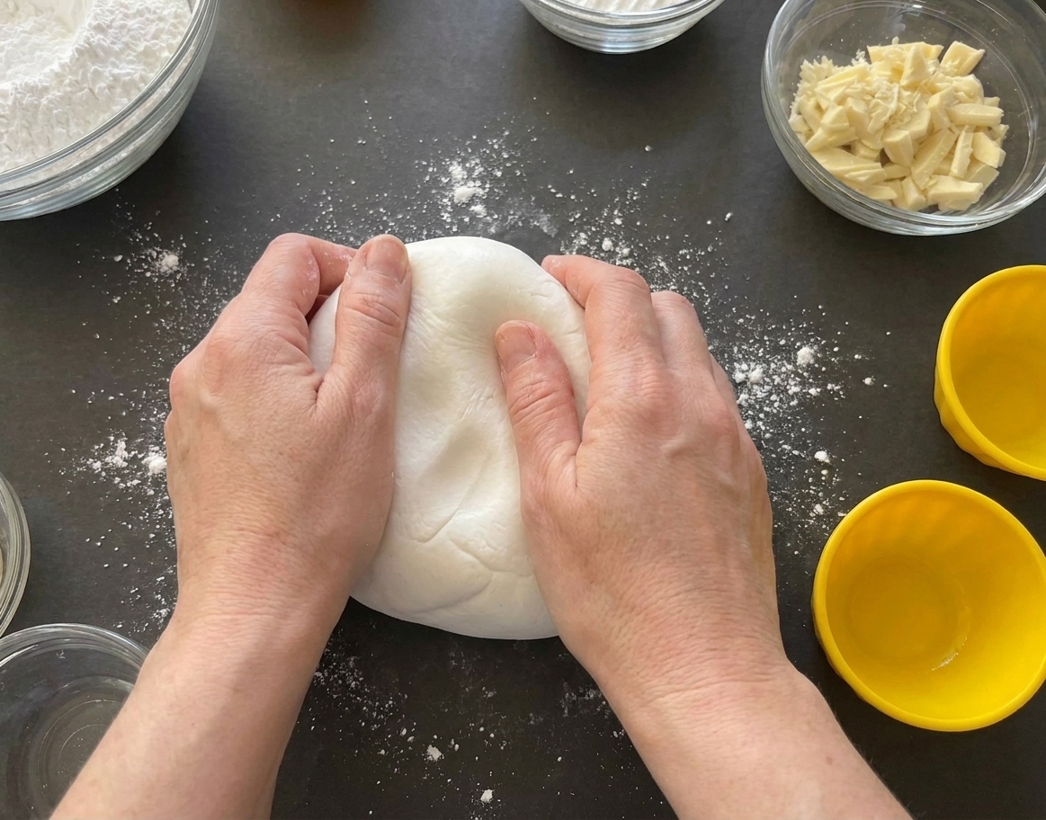 Hands kneading a soft ball of fondant on a lightly powdered kitchen counter