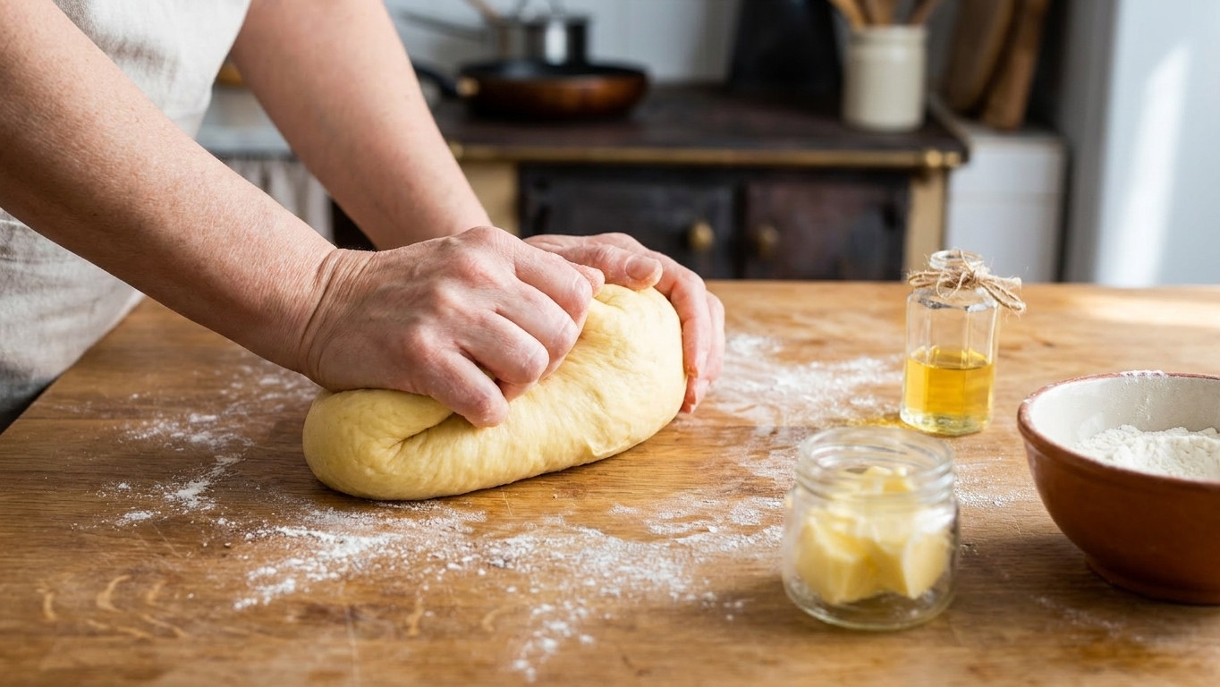 Hands kneading a soft enriched roscón dough on a lightly floured wooden counter with butter and flour nearby