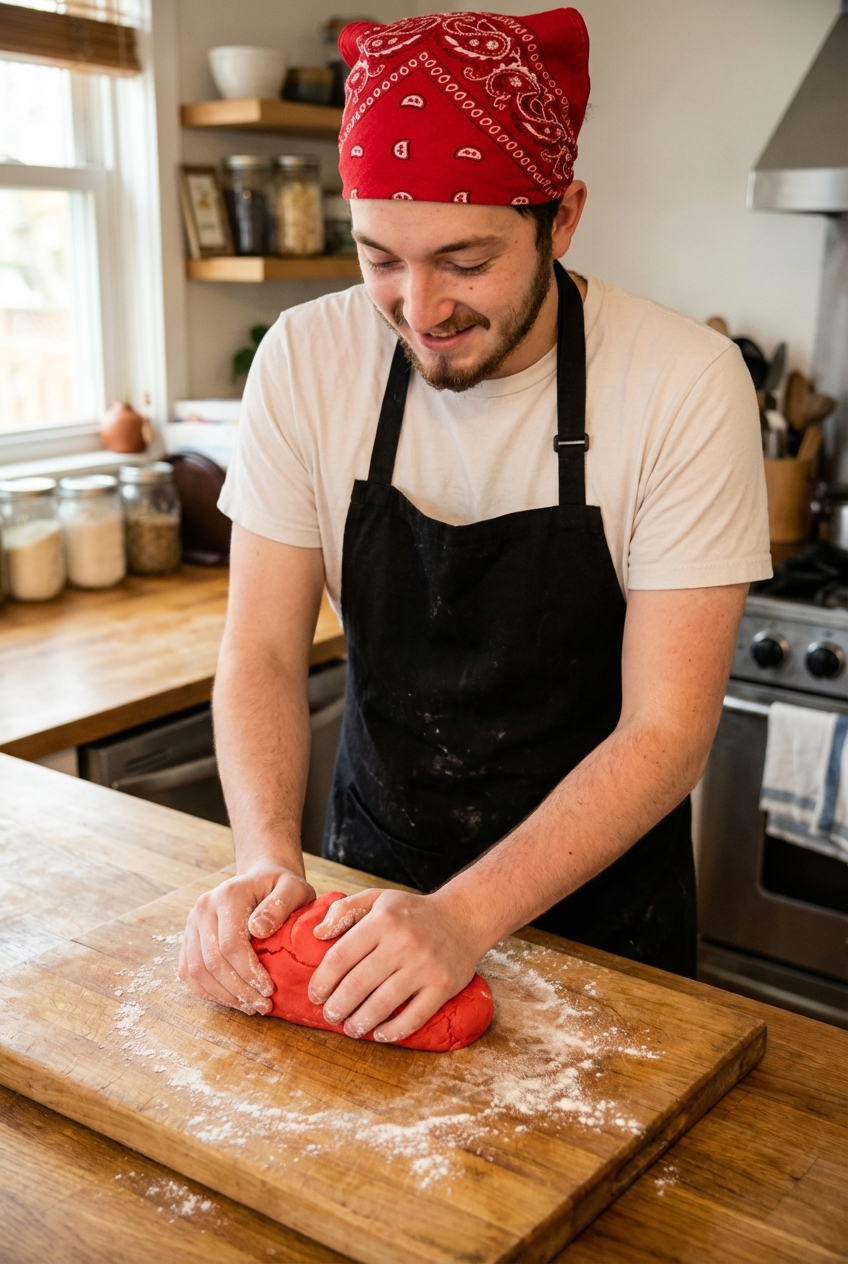 Hands kneading bright red playdough on a wooden board in a home kitchen