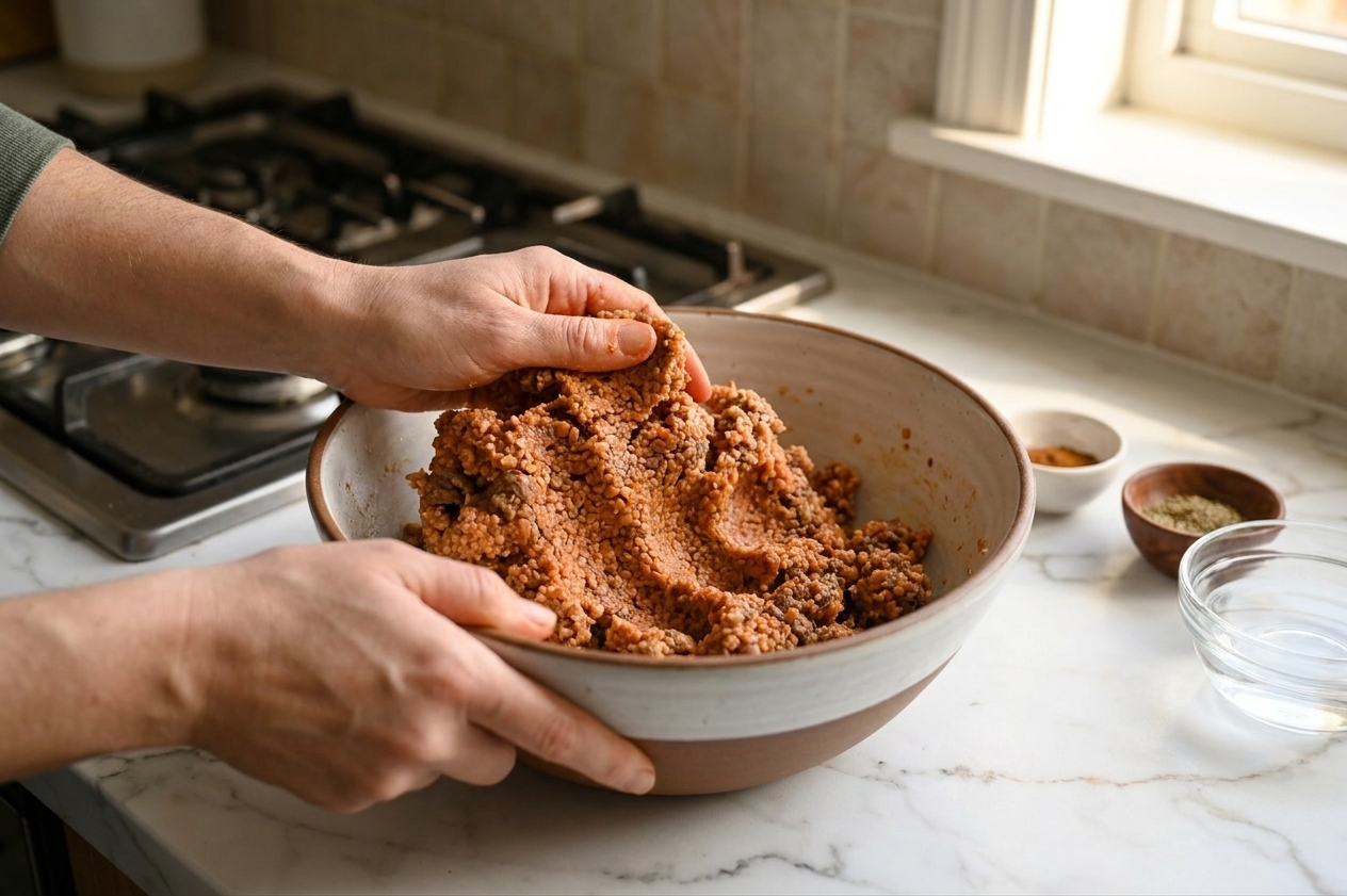 Hands kneading bulgur and meat mixture in a large mixing bowl on a kitchen counter, casing becoming cohesive