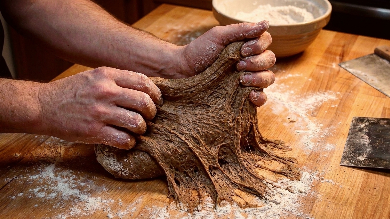 Hands kneading dark rye dough on a lightly floured kitchen counter, showing a tacky elastic texture