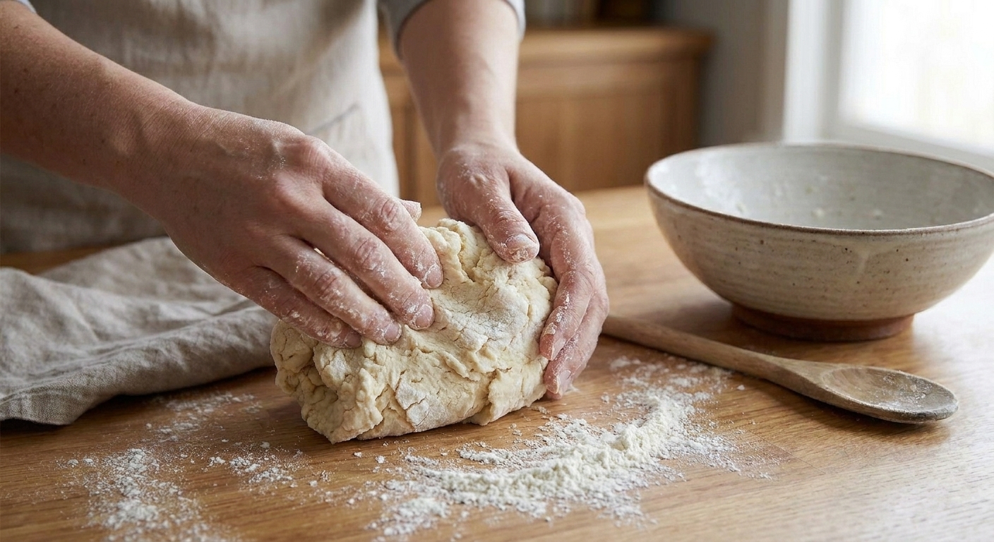 Hands kneading dumpling dough on a lightly floured kitchen counter