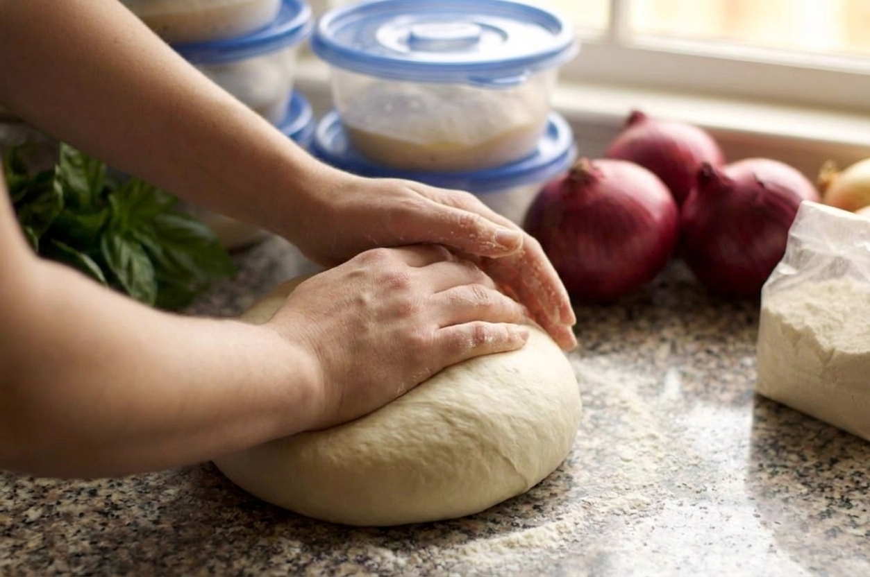 Hands kneading pizza dough on a lightly floured kitchen counter, dough becoming smooth and elastic