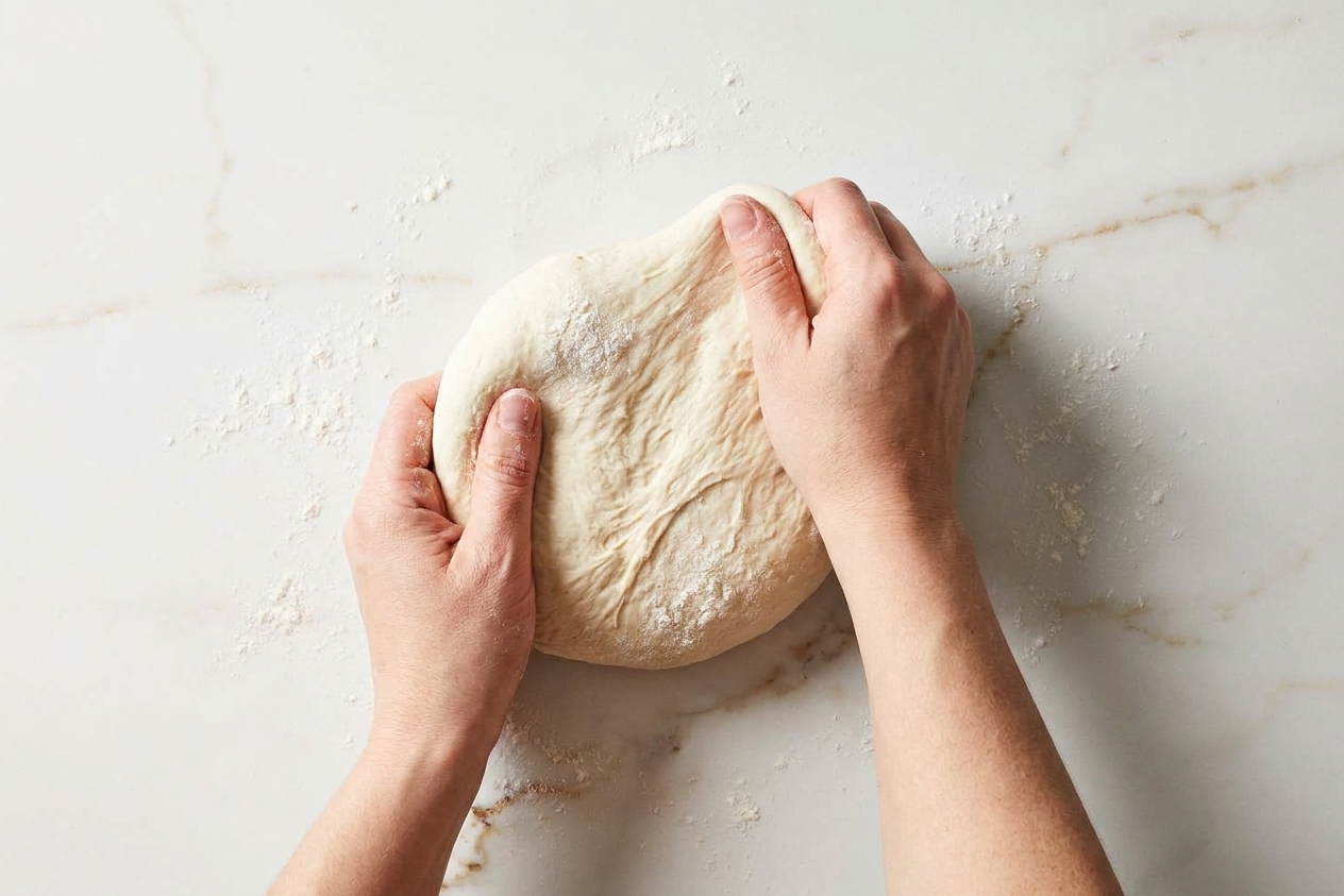 Hands kneading pizza dough on a lightly floured kitchen countertop, dough stretching and folding with a light dusting of flour